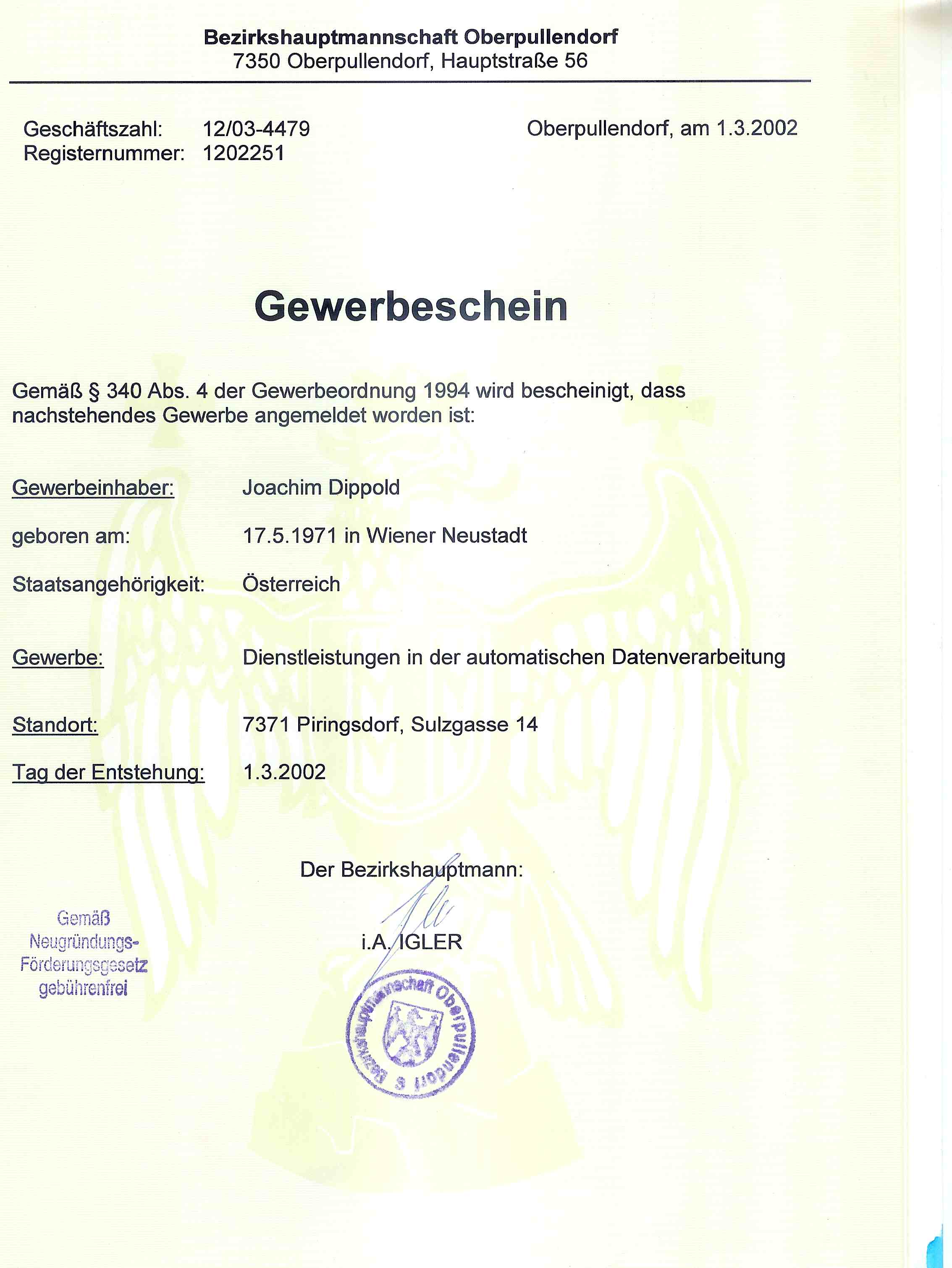 Gewerbeschein EDV-Berater